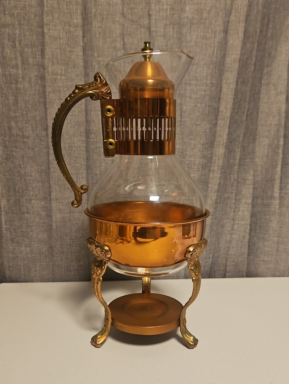 Princess House Copper-Tone Glass Coffee Carafe W/Server  Ornate Handle/Stand